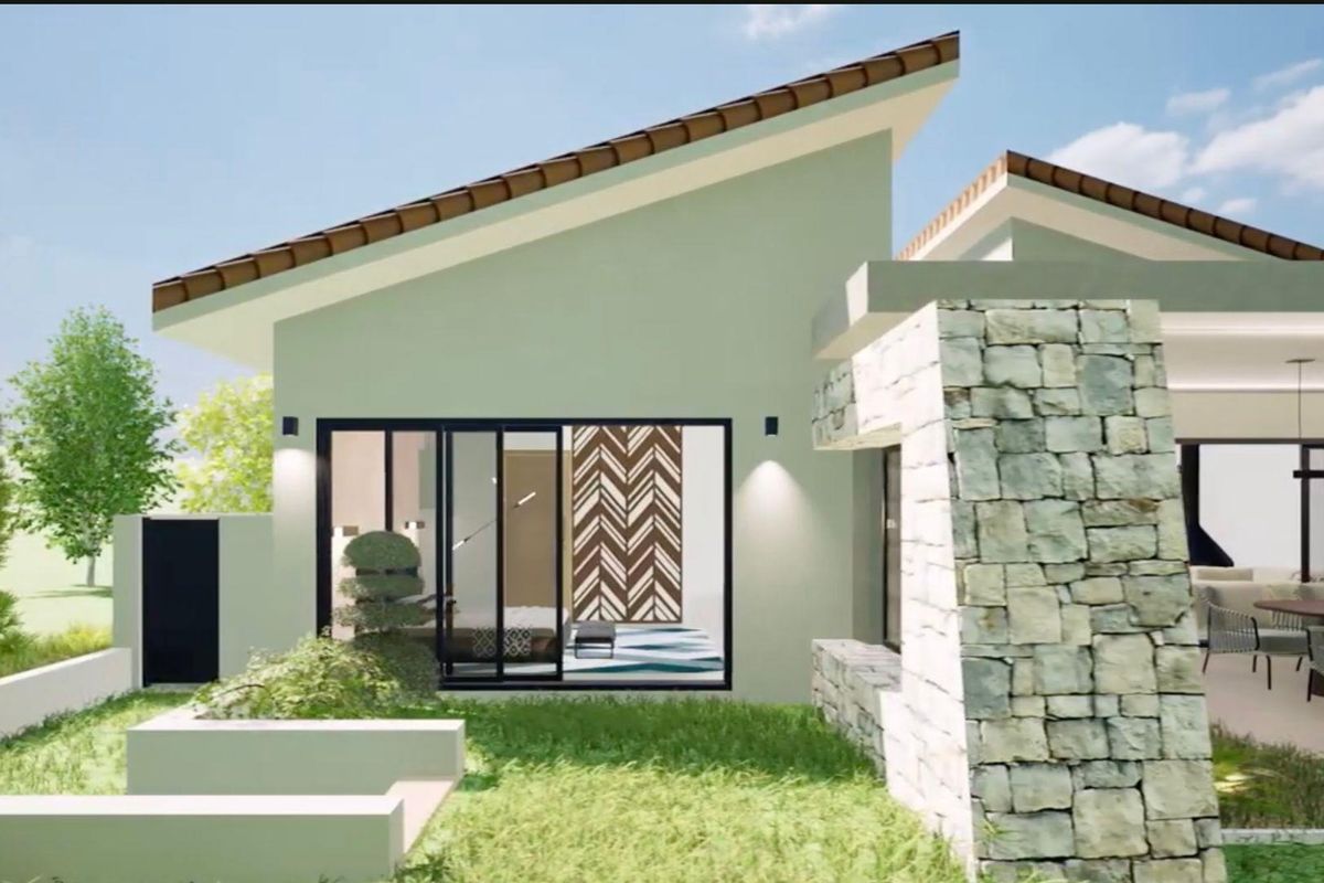 A modern architectural rendering of a house exterior featuring a pitched roof, stone cladding feature wall, and large sliding glass doors opening to a garden.
