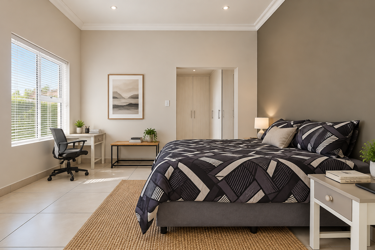 A well-maintained bedroom featuring neutral tones, tiled flooring, recessed lighting, and built-in cupboards, offering a clean and modern living space.