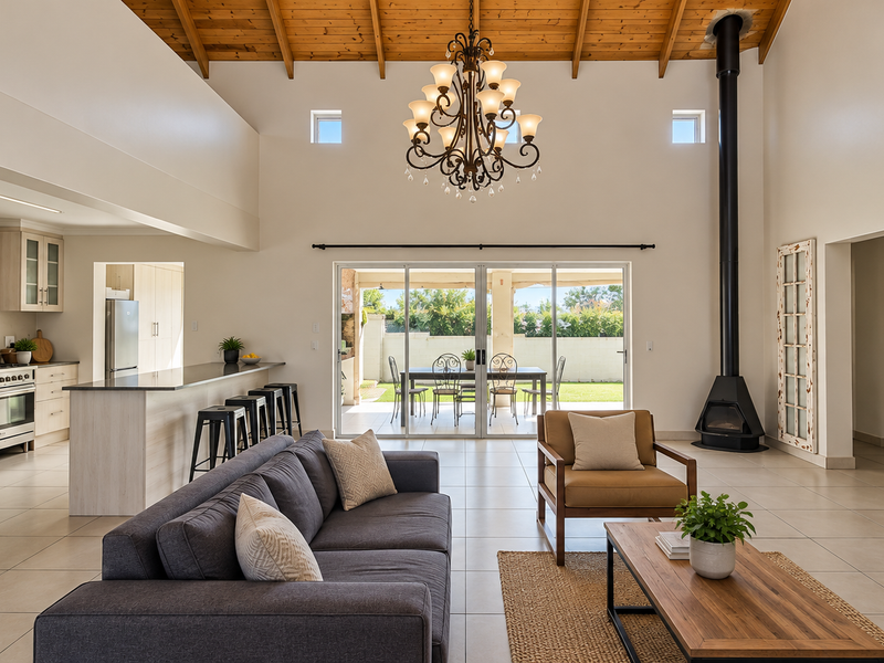 Spacious open-plan living area featuring a vaulted timber ceiling, a modern freestanding fireplace, and a well-appointed kitchen with a central island and mosaic backsplash.