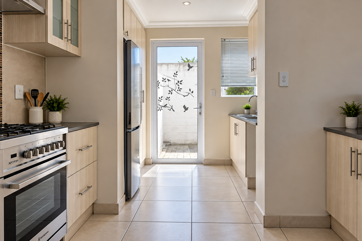 Modern kitchen featuring light wood cabinetry, mosaic tile backsplash, stainless steel appliances, and direct access to a private rear courtyard.