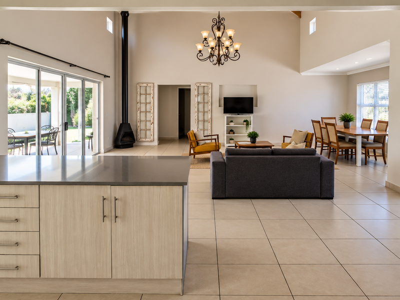 Spacious open-plan living area featuring a modern kitchen island, vaulted ceilings, tiled floors, and a freestanding fireplace with seamless access to the outdoor patio.
