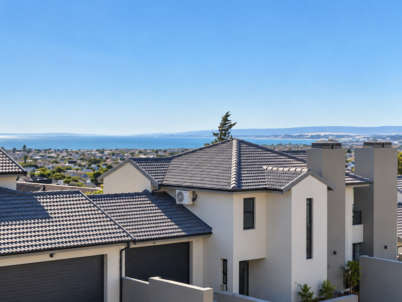 Elevated view overlooking a residential estate with modern tiled roofs and a distant coastal landscape.