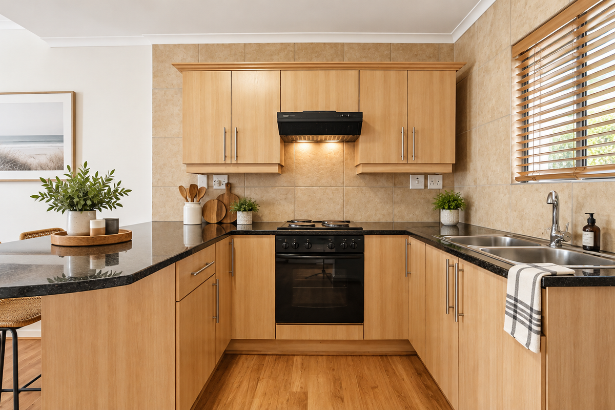 A well-maintained kitchen featuring light wood cabinetry, granite countertops, a built-in oven with extractor fan, and a functional double sink setup.