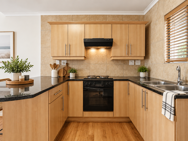 A well-maintained kitchen featuring light wood cabinetry, granite countertops, a built-in oven with extractor fan, and a functional double sink setup.
