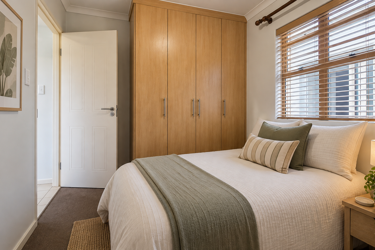 A well-maintained bedroom featuring built-in wooden wardrobes, carpeted flooring, and natural light filtered through venetian blinds.