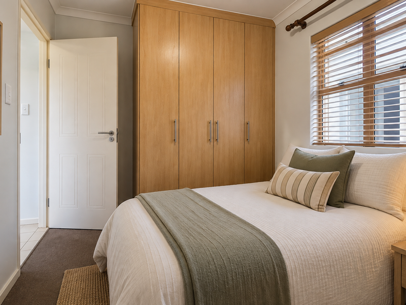 A well-maintained bedroom featuring built-in wooden wardrobes, carpeted flooring, and natural light filtered through venetian blinds.