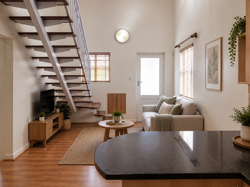Modern open-plan living area featuring a striking open-tread staircase, granite kitchen countertops, and warm laminate flooring, creating a bright and functional space.