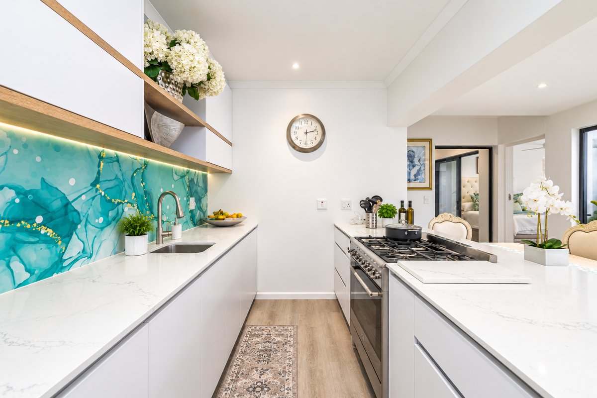 Modern galley-style kitchen featuring white cabinetry, quartz countertops, a striking teal glass splashback, and a high-end stainless steel gas range.