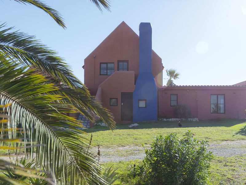 Rear view of a farm-style residence featuring a distinctive blue chimney, pitched roof architecture, and surrounding garden space.
