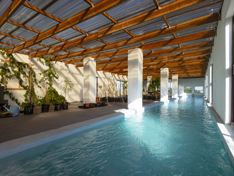 A spacious indoor lap pool featuring a timber-framed roof with translucent panels, concrete support columns, and large glass doors allowing ample natural light.