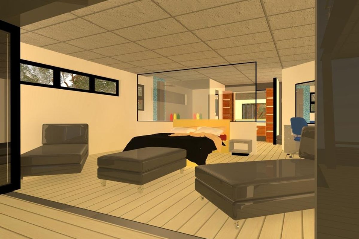 A digital rendering of an open-plan bedroom space featuring modern architectural lines and integrated layout design.