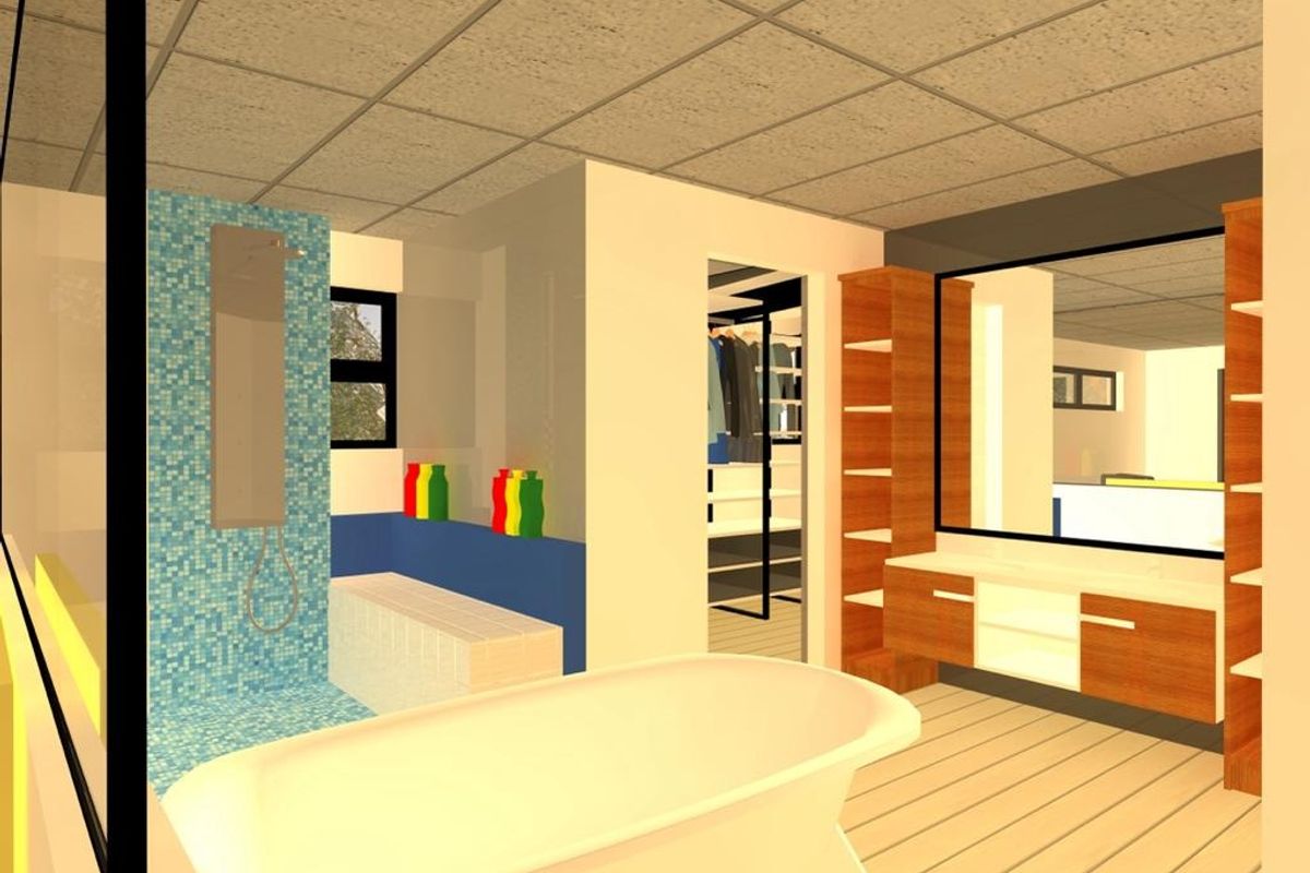 A digital rendering of a modern bathroom featuring a freestanding bathtub, mosaic tile shower wall, and built-in vanity cabinetry.