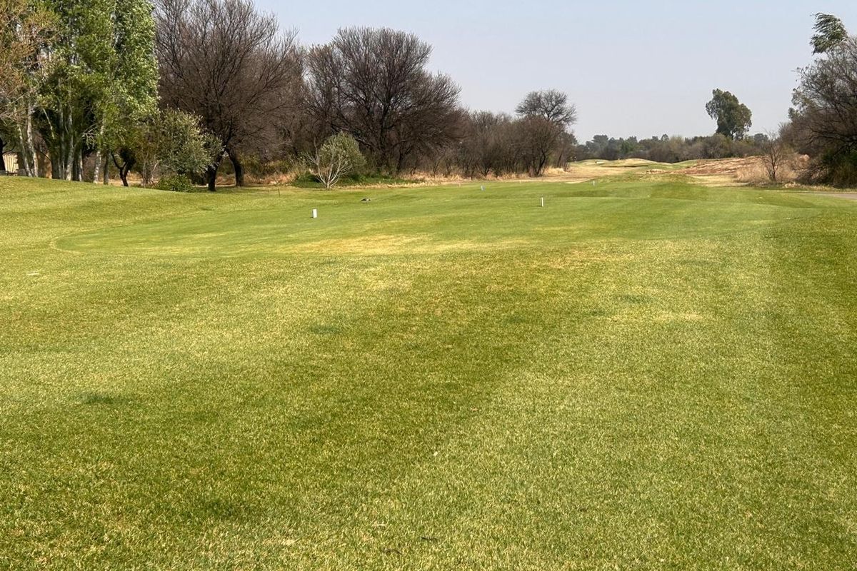 A view of a well-maintained open grass area with mature trees, characteristic of a residential estate or golf course setting.