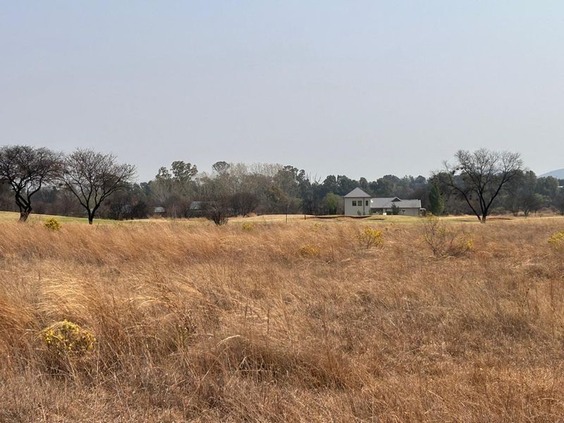 A view of an expansive, dry grassland plot with mature trees and distant residential structures in the background.