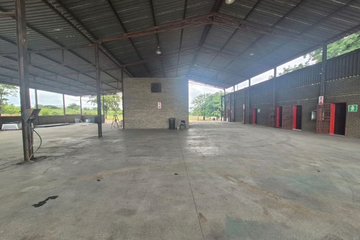 Spacious industrial warehouse or utility area featuring high ceilings, exposed steel structure, durable concrete flooring, and secure metal access points.