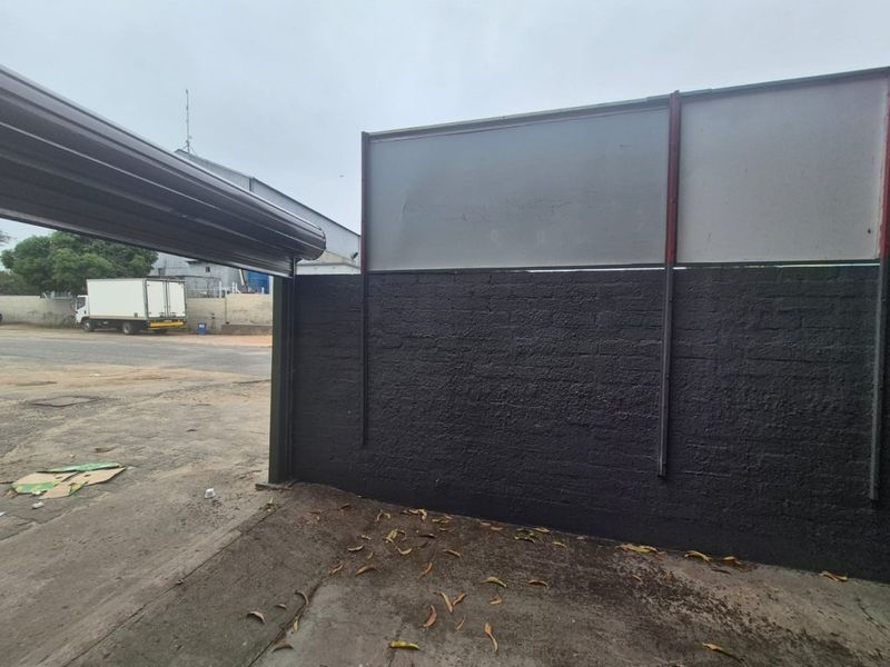 Exterior view of a property entrance featuring a concrete driveway, a dark painted boundary wall, and a metal roller shutter door.