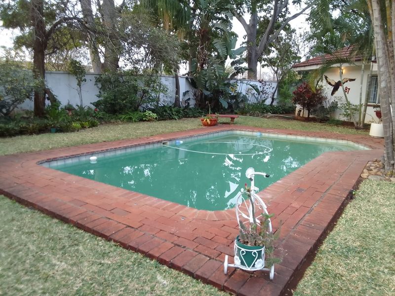 A private swimming pool set within a landscaped garden, featuring brick coping and established perimeter greenery.