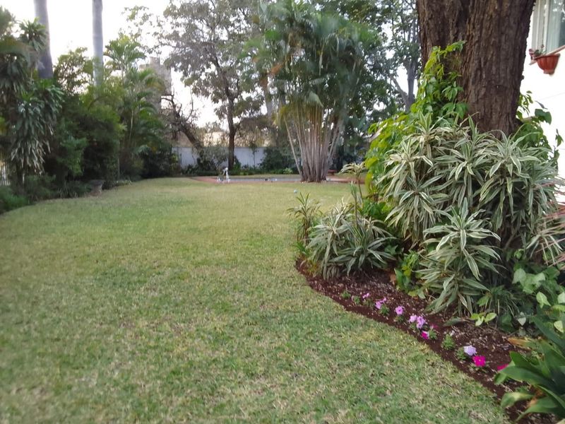 A well-maintained garden featuring a lush green lawn, mature trees, and landscaped flower beds, providing a serene outdoor space.