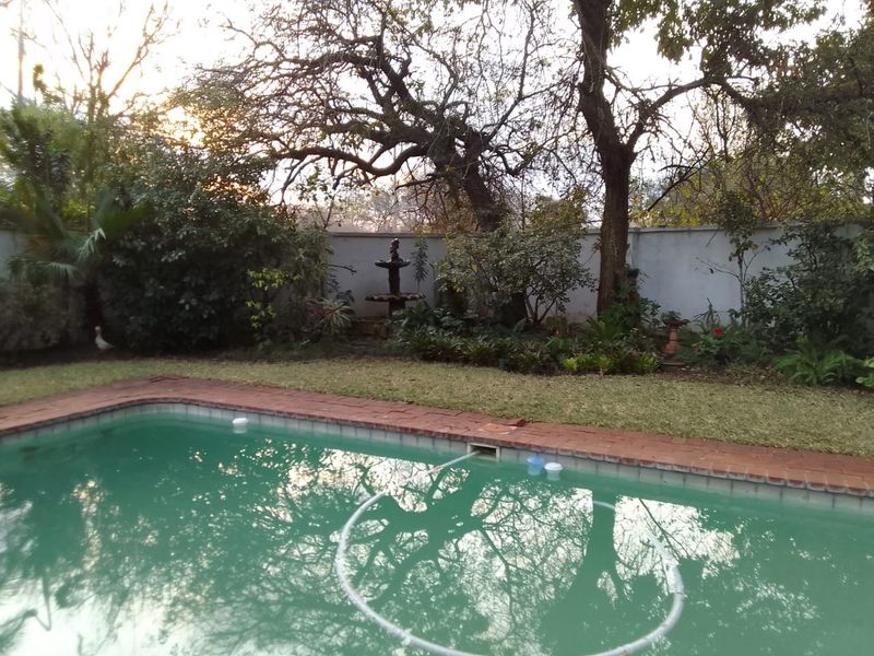 A backyard pool area featuring a brick-edged swimming pool, established garden landscaping, and a decorative water fountain against a perimeter wall.