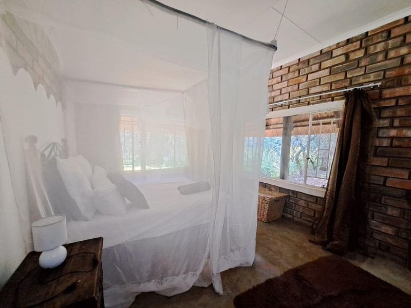 A rustic bedroom featuring exposed brick walls, concrete flooring, and large windows providing natural light and garden views.