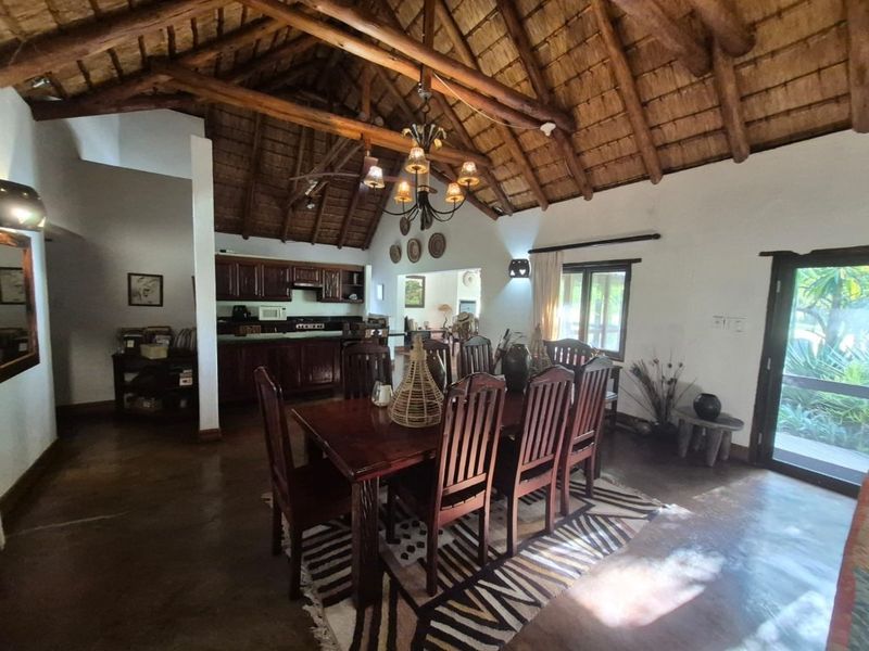 Spacious open-plan living and dining area featuring a high thatched roof with exposed timber beams, concrete flooring, and an integrated kitchen.