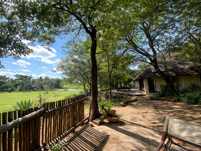 A lush, tree-filled garden area featuring a thatched-roof structure, a rustic wooden fence, and a stone pathway leading toward a scenic green lawn.