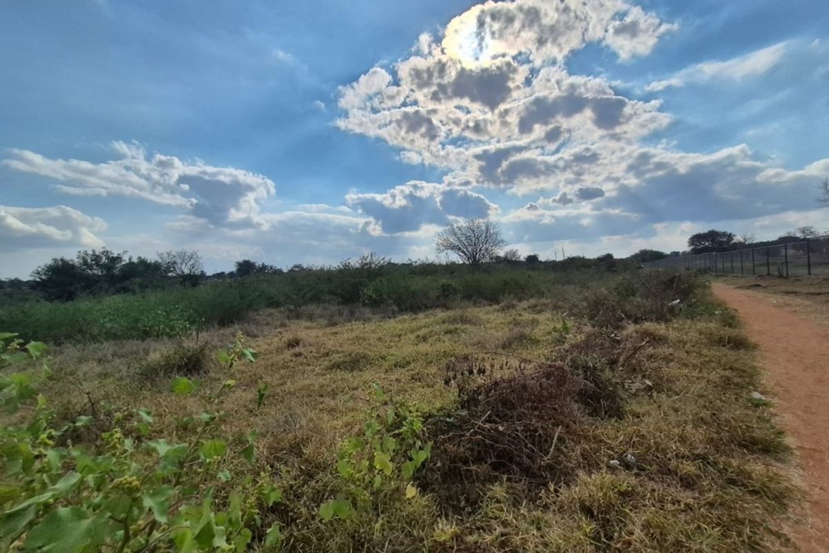 A view of a vacant residential plot featuring natural vegetation and perimeter fencing under a bright, cloudy sky.