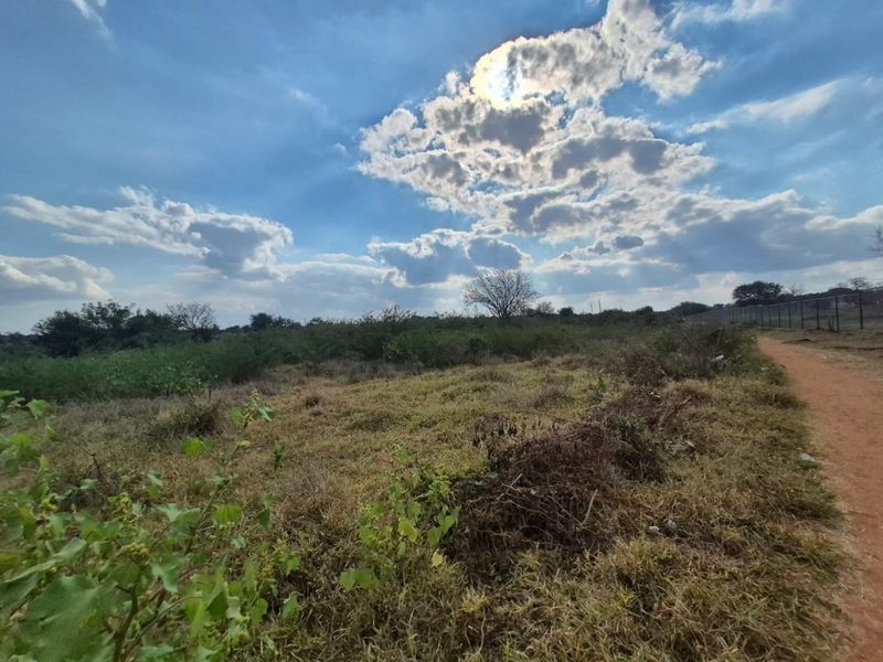 A view of a vacant residential plot featuring natural vegetation and perimeter fencing under a bright, cloudy sky.