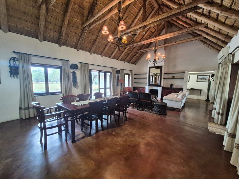 Spacious open-plan living and dining area featuring high vaulted thatched ceilings with exposed timber trusses, polished concrete floors, and a built-in fireplace.