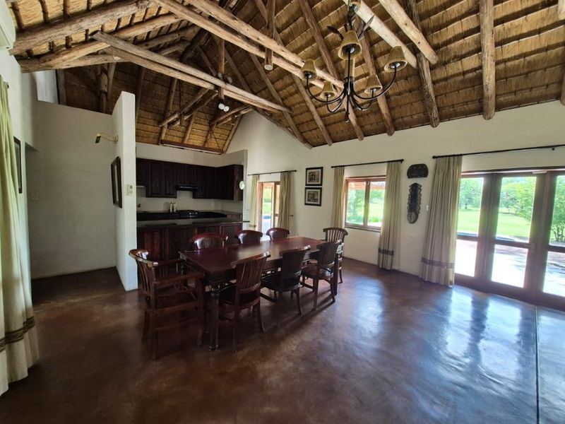 Spacious open-plan living and dining area featuring a high vaulted thatched ceiling with exposed timber beams, polished concrete floors, and a functional kitchen.