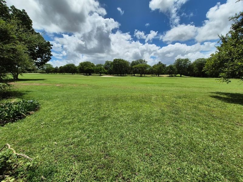 A scenic view of a well-maintained expansive green lawn bordered by mature trees under a bright, cloudy sky.