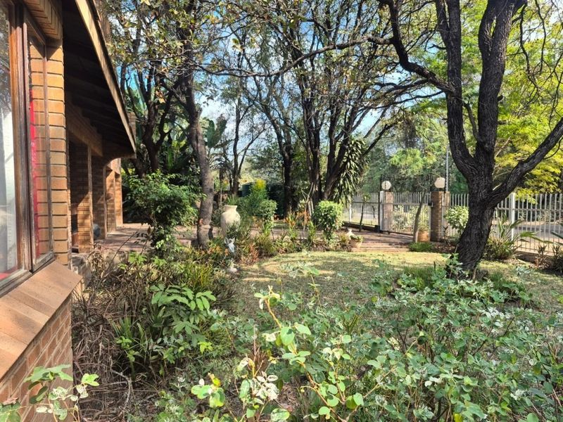 A lush, established garden featuring mature trees, a brick-faced exterior wall, and a covered patio area, providing a private and shaded outdoor space.