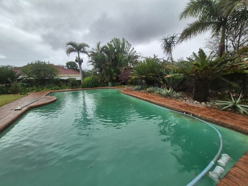 A backyard swimming pool featuring brick coping and established garden landscaping.