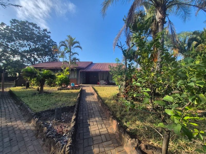 Front view of the property featuring a paved walkway leading to the entrance, surrounded by a mature garden and established trees.