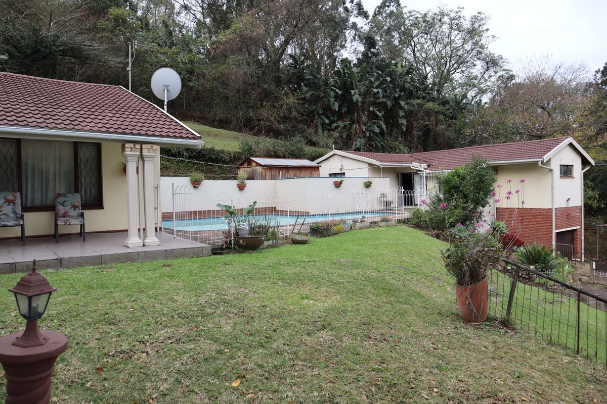Rear view of the property featuring a swimming pool, covered patio area, and established garden setting.