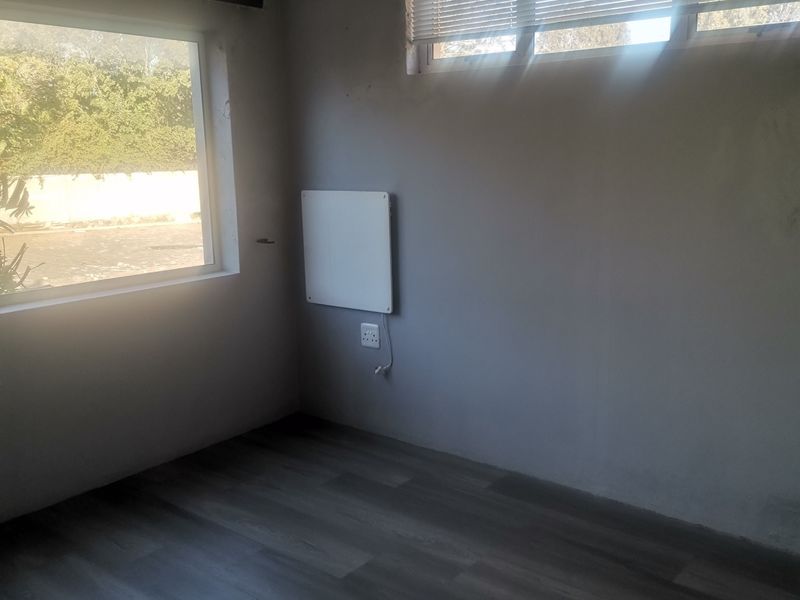 An empty bedroom featuring laminate flooring, a ceiling fan, and a wall-mounted heater, with natural light provided by two windows.