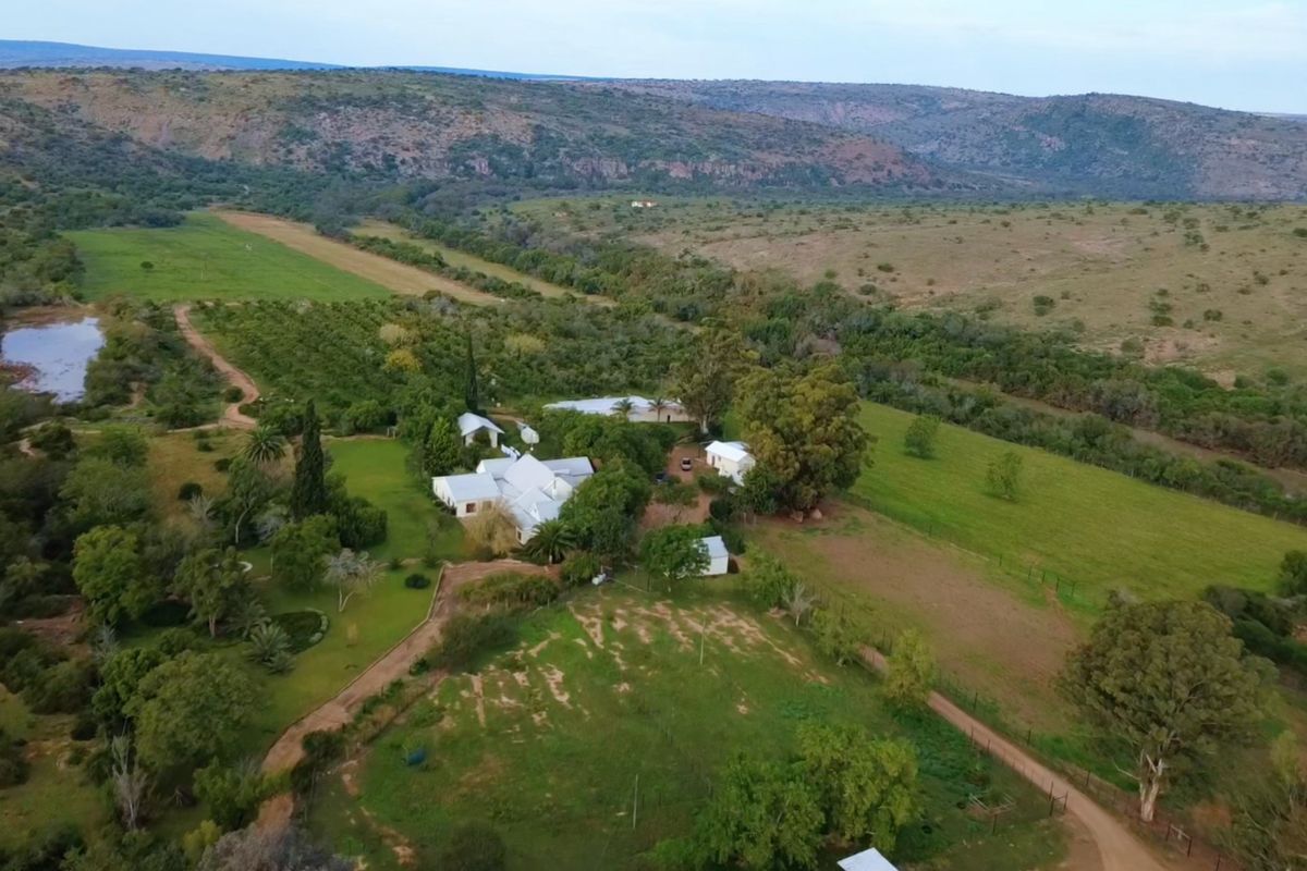 Aerial view of a sprawling farm property featuring a main farmhouse, multiple outbuildings, established orchards, a dam, and extensive surrounding grazing land.