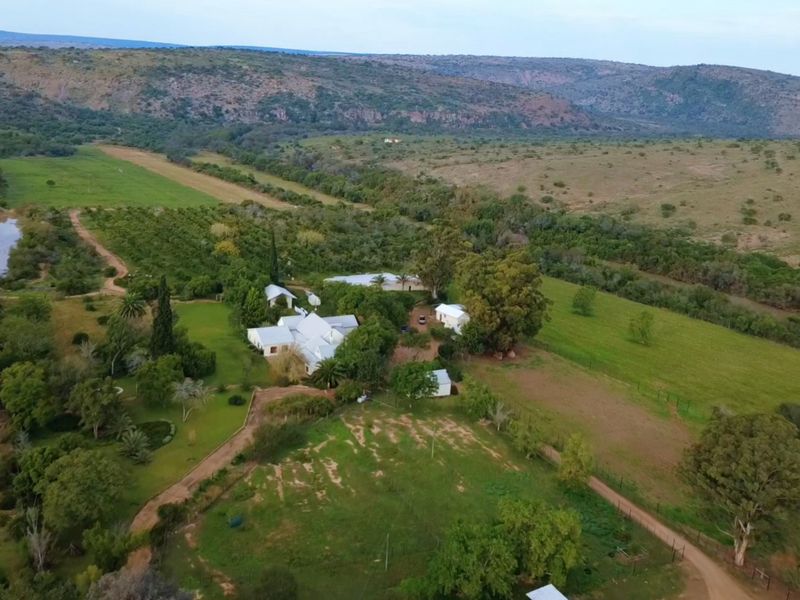 Aerial view of a sprawling farm property featuring a main farmhouse, multiple outbuildings, established orchards, a dam, and extensive surrounding grazing land.