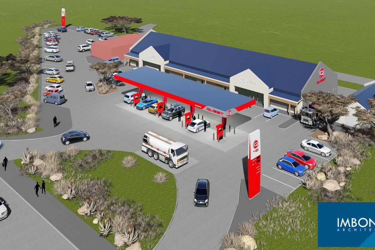 An aerial 3D architectural rendering of a commercial fuel station development featuring a canopy, parking area, and main building structure.