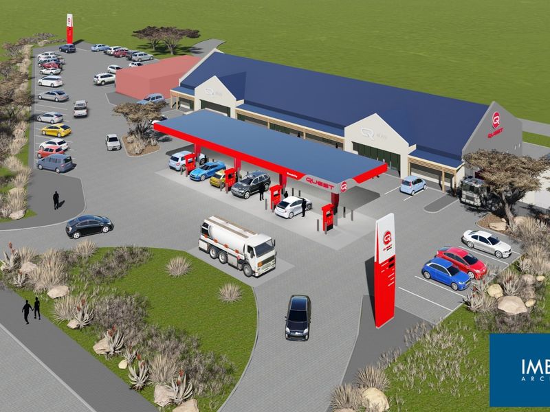 An aerial 3D architectural rendering of a commercial fuel station development featuring a canopy, parking area, and main building structure.