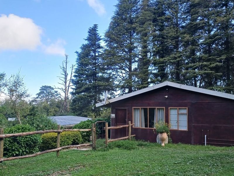A rustic timber-clad cabin exterior featuring a gabled roof, timber-framed windows, and a surrounding post and rail fence set within a wooded garden area.