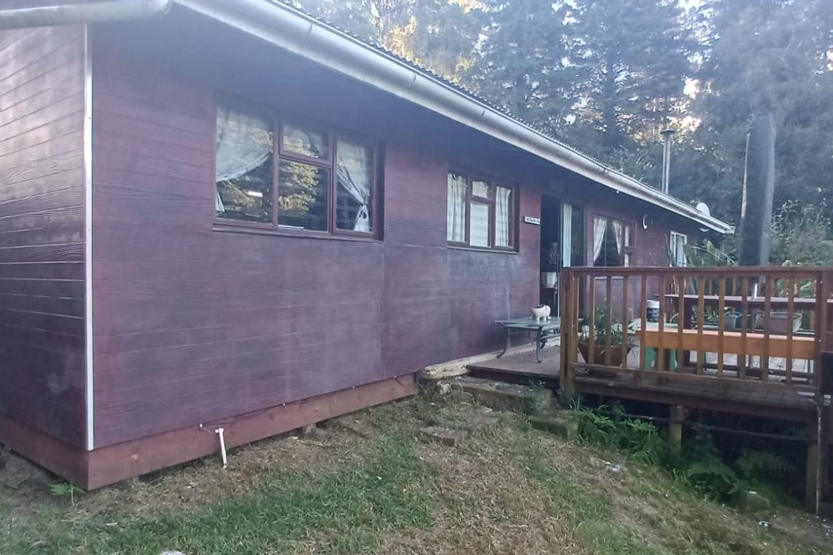 Rear view of a timber-clad house featuring an elevated wooden deck and surrounding garden area.