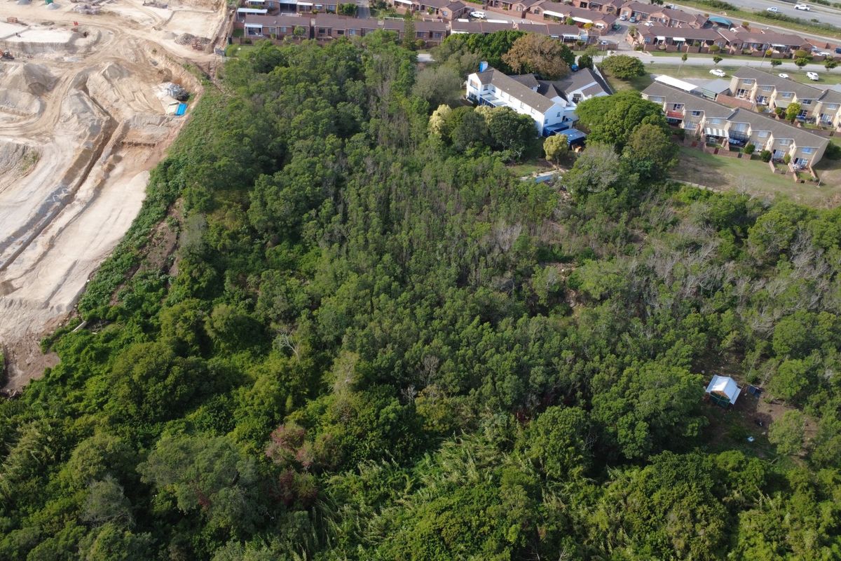 Aerial view of a large, densely wooded residential plot situated next to an active construction site and established residential housing.