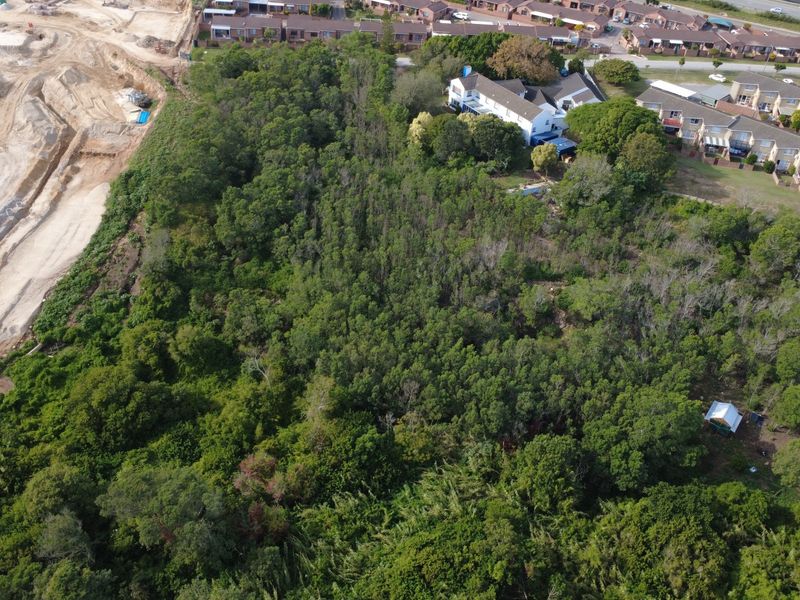 Aerial view of a large, densely wooded residential plot situated next to an active construction site and established residential housing.