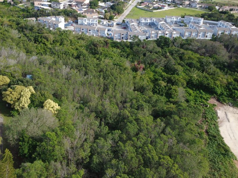 Aerial view of a vacant residential plot featuring dense vegetation and proximity to established residential housing developments.