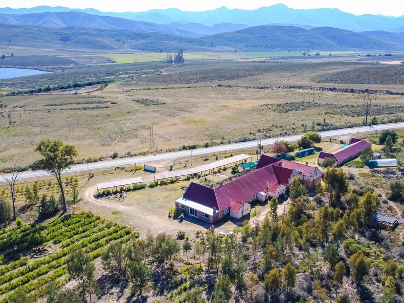Aerial view of a rural guest house property featuring a large main building with a red metal roof, surrounding vineyard, and expansive landscape.