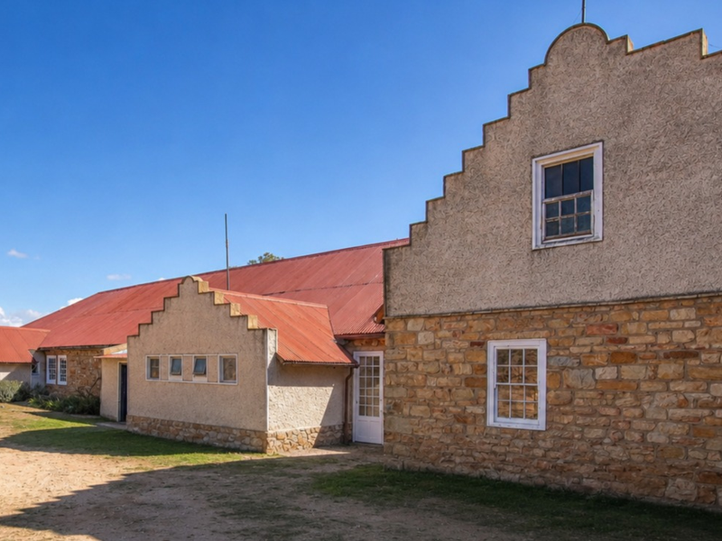 A charming guest house exterior featuring traditional stone masonry, distinctive stepped gable architecture, and a classic corrugated metal roof.