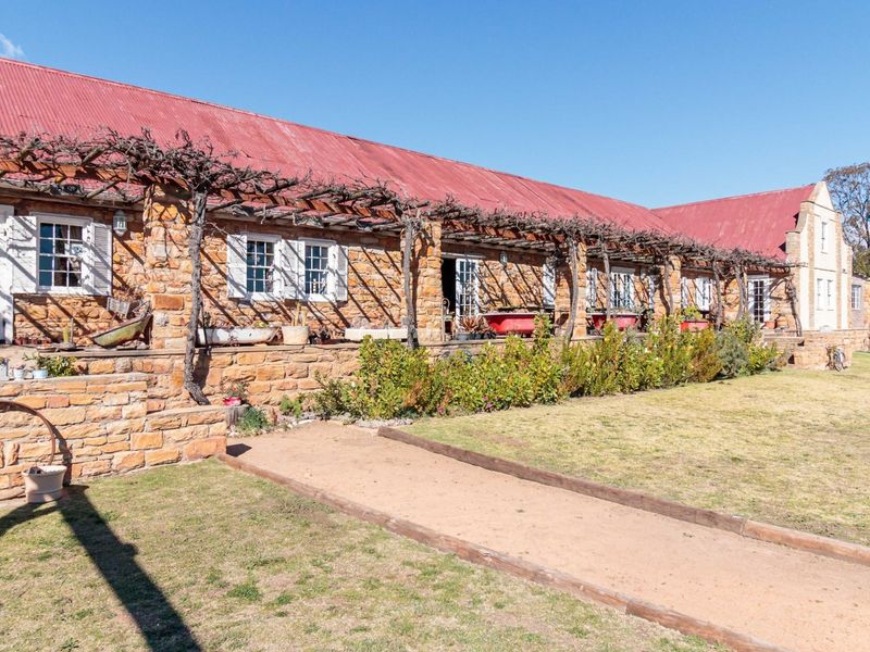 A rustic stone-clad guest house exterior featuring a long timber pergola, corrugated metal roof, and multiple french door access points overlooking the garden.