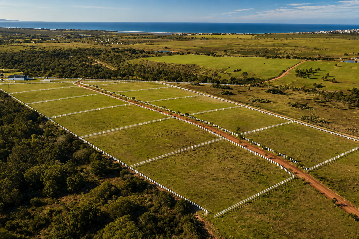 Aerial view of a large, subdivided residential land parcel featuring post and rail fencing and access roads, set within a scenic coastal landscape.