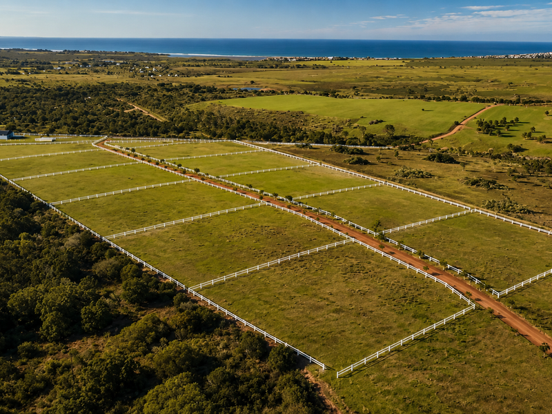 Aerial view of a large, subdivided residential land parcel featuring post and rail fencing and access roads, set within a scenic coastal landscape.